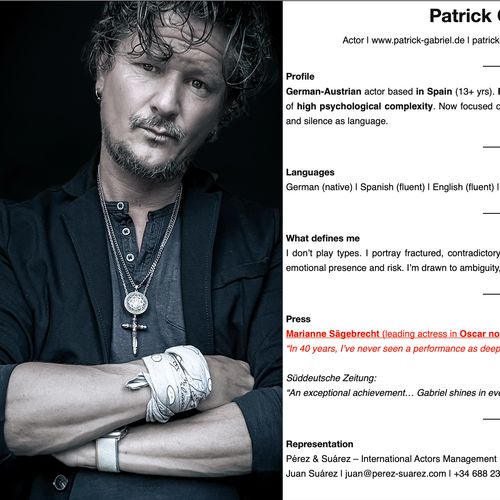 © German-Spanish-English character actor for serious, psychologically complex roles in thrillers, dramas, and legal productions. Playing age: 40–55. Based in Spain, available across Europe. Distinct presence, emotional depth, and multilingual versatility (D