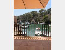 Terrassa amb rajoles i barana de fusta sota un tendal, amb vistes a un petit port o cala amb diverses barques amarrades en aigües verdes. Al fons hi ha un vessant boscós de pins i una construcció de pedra a la riba.