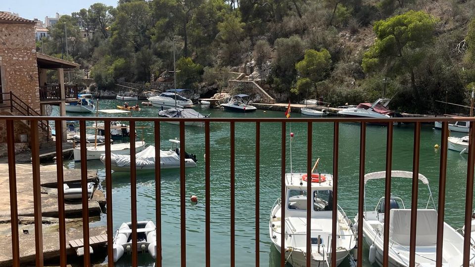 Terrassa amb rajoles i barana de fusta sota un tendal, amb vistes a un petit port o cala amb diverses barques amarrades en aigües verdes. Al fons hi ha un vessant boscós de pins i una construcció de pedra a la riba.